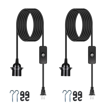 Zarnicy Plug in Pendant Light Cord - 16Ft Hanging Light Kit E26/E27 Light Socket Hanging Lantern Lamp Cord with On/Off Switch,Socket Rings, 2 Pack, Black