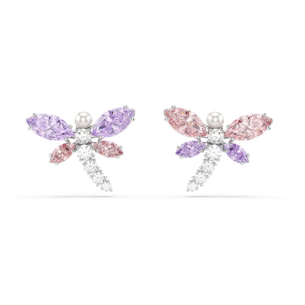Swarovski x Ariana Grande Dragonfly Motif Stud Earrings, Mixed Cut Multicolored Stones, Rhodium Finish