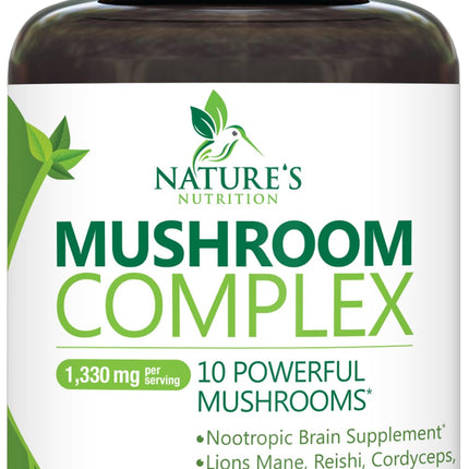 Mushroom Brain Supplement 10 in 1 Blend - High Strength Mushroom Complex with Lions Mane, Turkey Tail, Reishi, Cordyceps, Chaga & Brain Nootropic Complex for Memory & Focus Support - 120 Capsules
