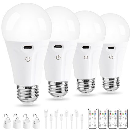 Powfloven E26 Rechargeable Light Bulbs with Remote and USB Charging, 4 Pack
