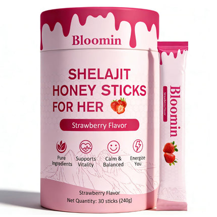 Bloomin Honey Sticks, Shilajit Honey Sticks for Women with Shatavari, Hormonal Balance, Energy Boost&hormonal Balance, Himalayan Shilajit 30 Sticks (Strawberry)