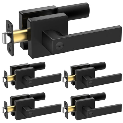 TICONN 5PK Matte Black Door Handles Interior, Reversible Square Door Levers Knob for Hallway, Bedroom, Bathroom (with Lock, 5PK Privacy)