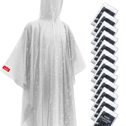 Disposable Rain Ponchos - Extra Long Waterproof Emergency Poncho with Hood for Adults, Bulk Family 12 Pack Raincoat for Park, Concerts, Hiking, Camping Essentials, Home Emergency Survival Kits, Clear