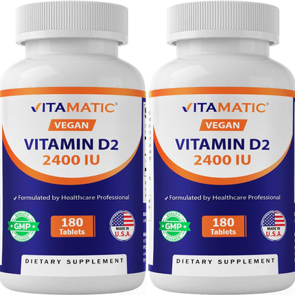 Vitamatic Vitamin D2 60 mcg (2400 IU) - Ergocalciferol - 180 Vegetarian Tablets (180 Tablets (Pack of 1)) (2 Bottles)