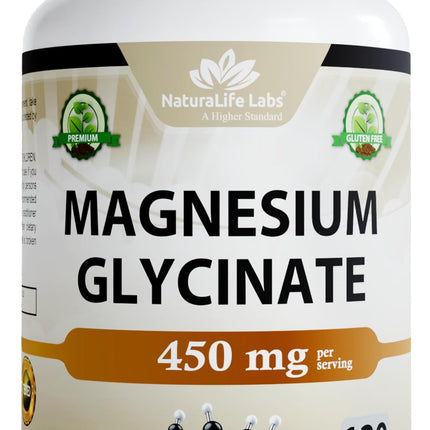 NaturaLife Labs Magnesium Glycinate - 450 mg per Serving – 120 Vegan Capsules - Non-GMO, Gluten-Free, Vegan