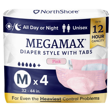 NorthShore MegaMax 12-Hour HBL Adult Diapers for Heavy Bladder Leaks, Medium, 4 Count, Pink, 32-44 inches, Tab-Style Incontinence Underwear for Men, Women & Teens