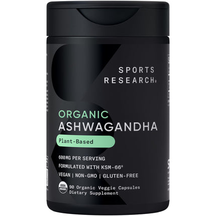 Sports Research® Organic Ashwagandha – Adaptogen for Relaxation, Calm & Sleep Support – Made with Organic KSM-66® – 600 mg – Non-GMO Verified, Gluten-Free, Certified Vegan – 90 Veggie Capsules