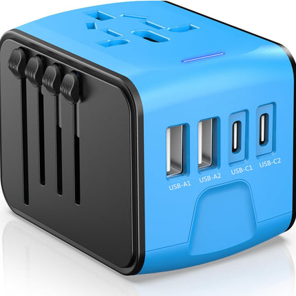 JMFONE Universal Travel Adapter, 4 USB C/A Ports & 2500W AC Outlets, All-in-One International Power Plug Adapter for All USB Devices, Worldwide Travel Charger for Europe US UK AU 200+ Countries (Blue)