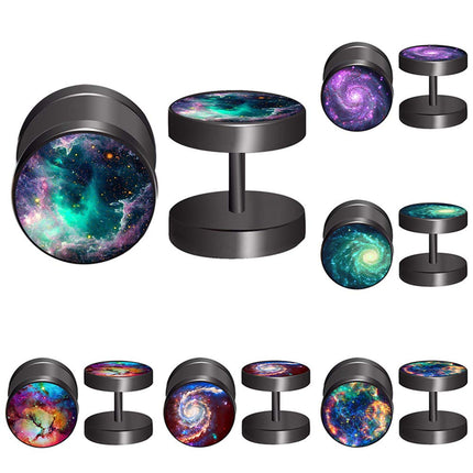 FLYUN Earrings For Men, Fake Gauge, Flat Back, Mens Men's Faux Gauge Fake Plug 6Pairs Galaxy Surgical Steel Black Stud Screw Earrings (Green)