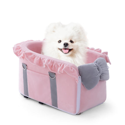 Jaoul Dog Car Seat for Small Dogs - Fully Detachable with Adjustable Straps Center Console Dog Car Seat - Comfortable Bow Design Pet Seats - Portable Pet Booster for Puppy, Cat (Pink Gray)