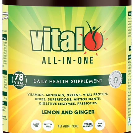 Vital All-in-One Daily Powdered Supplement - Natural Greens Superfood Powder for Energy & Health, Super Greens Powder Drink Mix with Probiotic & Antioxidant Support - Lemon & Ginger, 10.58 oz (300 g)