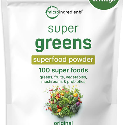 Micro Ingredients Super Greens Powder, 1lb | 100 Superfood Blend with Daily Greens, Probiotics, Fruits, Vegetables & Mushrooms | Source of Vegan Protein & Enzymes | Non-GMO, Gluten-Free, No Additives