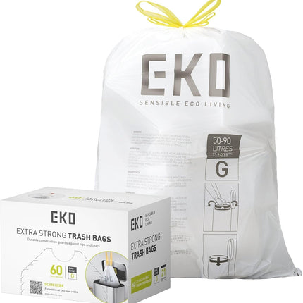 EKO 21 Gallon / 50-90 Liter, 60 Count Drawstring Trash Bags, Extra-Strong Unscented Garbage Bags, Easy-Dispense Roll for Kitchen & Household Use, Code G, White