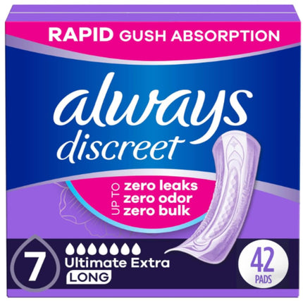 Always Discreet Adult Incontinence Pads for Women, Drier, 7 Drop Long Length, Ultra Absorbency, Pads for Bladder Control Management, Bladder Leaks, Overnight & Postpartum Pads, 42ct