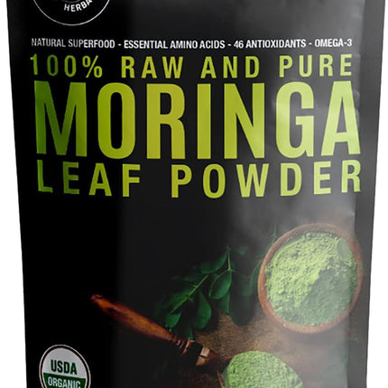SUPREME HERBALS, 100% Raw and Pure Moringa Leaf Powder. Organic Certified Moringa Leaf. Natural Superfood with Essential Amino Acids, Antioxidants, and Omega 3, 8 oz Resealable Bag.
