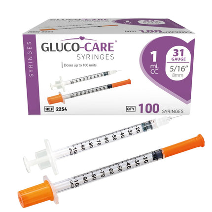 GLUCO-CARE 1 ml/cc Syringes 31G x 5/16’’ (8mm), Orange Cap, 100/box