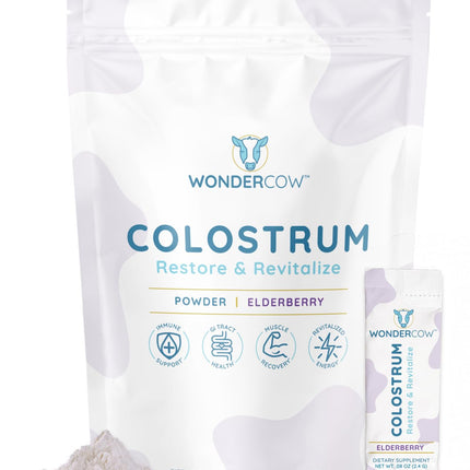 WONDERCOW Colostrum Supplement Powder for Gut Health, Immune Support & Wellness | Natural IgG Pure Whole Bovine Colostrum Superfood, Elderberry, 30 Servings