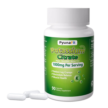 PYUNAFIT Potassium Supplement 1000mg – High Potassium Citrate for Leg Cramps, Muscle Health, and Heart Support, Non-GMO & Gluten-Free, 90 Capsules