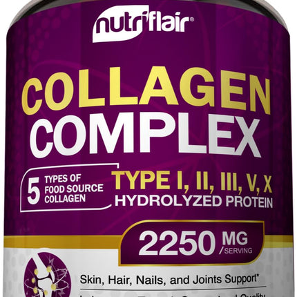 NutriFlair Multi Collagen Peptides 2250mg - Type I, II, III, V, X - Collagen Supplements Complex Powder Pills for Women and Men - Hydrolyzed Protein, Healthy Hair, Skin, Nails - Non-GMO (180 Capsules)