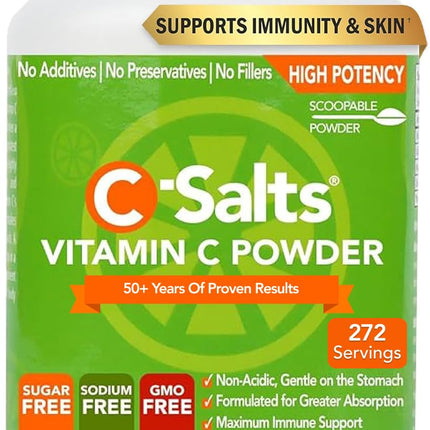 C-Salts Buffered Vitamin C Powder - Pure Organic, Stomach Friendly Ascorbic Acid VIT C Drink for Daily Immune Support & Collagen Production - Vegan Non GMO Sugar Free - 272 Servings Original, 26oz
