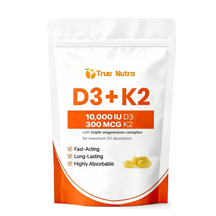 true nutra D3 K2，Vitamin D3 K2 10,000 IU Magnesium Supplement, Non-GMO, Gluten-Free,Supports Immune & Energy, 300 Coconut Oil Softgels