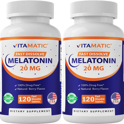 Vitamatic Melatonin 20mg for Sleep Support | Vegetarian, Non-GMO, Gluten Free | HIGH Potency 20 MG | Natural Berry Flavor 120 Fast Dissolve Tablets - 2 Pack - 240 Count