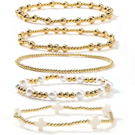 Dainty 14K Gold Beaded Cross Bracelet Stack for Women,Bohemian Stretch Pearl Gold Plated Ball Beads Non Tarnish Stackable Bracelets Set Fashion Prom Holiday Accessories Jewelry Gift Friendship
