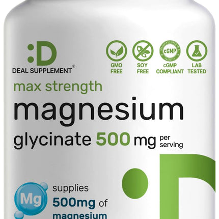 Max Strength Magnesium Glycinate 500mg Per Serving, 240 Capsules | 100% Chelated for Easy Absorption | Essential Mineral Supplement for Muscle, Sleep, & Heart Health