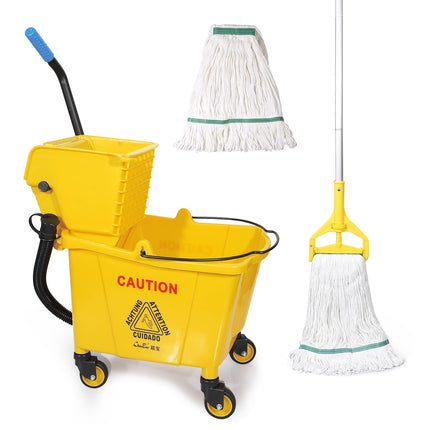 35Qt Commercial Mop Bucket with Side Press Wringer on Wheels and Drain Hose