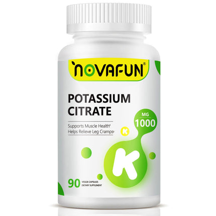 Novafun Potassium Citrate 1000mg, Potassium Supplement for Leg Cramps, Muscle & Heart Health, Vegan, Non-GMO, Gluten Free, 90 Capsules