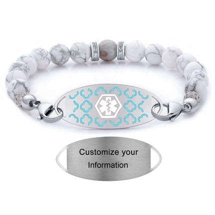 JFJEWER Medical Alert Bracelets for Women Free Engraving, Personalized Customizable ID Bracelet, White Turquoise Beaded Emergency Bracelets - Style 6