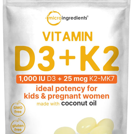 Micro Ingredients Vitamin D3 1,000 IU + K2 MK-7 25 mcg, 300 Softgels | Virgin Coconut Oil | 2-in-1 Bone, Immune & Heart Support | Easy to Swallow, Non-GMO