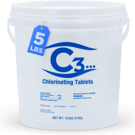 C3… 5 lbs. 3" Stabilized Chlorine Tabs for Swimming Pools | Easy to Use for Above Ground or Inground Pool | Slow Dissolving Individually Wrapped Chlorinating Tablets | 5 Pound Bucket