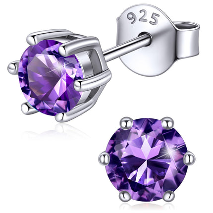 ChicSilver February Birthstone Earrings for Women 925 Sterling Silver Small Round Amethyst Stud Earrings Hypoallergenic