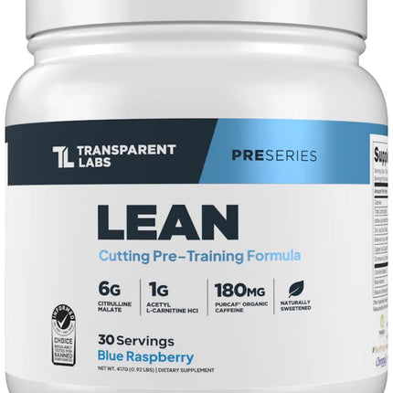 Transparent Labs Lean Pre-Workout - Body Recomposition Pre Workout for Men and Women with Acetyl L-Carnitine, Beta Alanine Powder, & PurCaf Organic Caffeine Powder - 30 Servings, Blue Raspberry