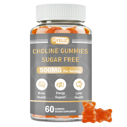 HFELIZ Choline Supplement Gummies Sugar Free, 500mg Choline Bitartrate Per Serving, Brain Health, Liver Support, Focus & Energy, 60 Gummies