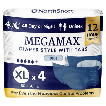 NorthShore MegaMax 12-Hour HBL Adult Diapers for Heavy Bladder Leaks, X-Large, 4 Count, Blue, 50-60 inches, Tab-Style Incontinence Underwear for Men, Women & Teens