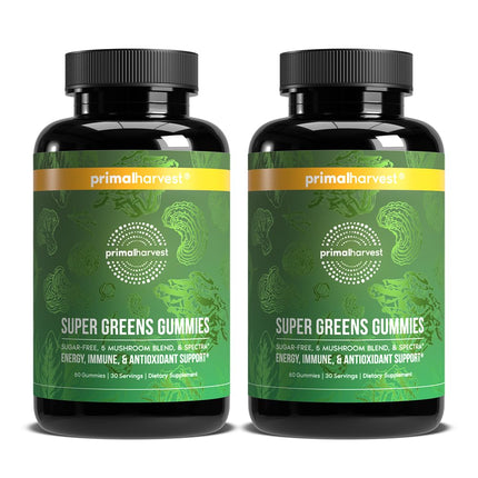 Primal Harvest Super Greens Gummies, Superfood Blend with Adaptogenic Mushrooms Vitamins & Nutrient-Rich Minerals & Antioxidants for Energy & Immune Support (1 Pack (60 Count), Berry)