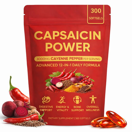 Capsaicin Power, Cayenne Pepper Supplements Softgels & Capsaicins Capsules, Capsaicin Supplement with Vitamin E, D3 & K2, Grape Seed, Beetroot & Turmeric Extract, 300 Softgels