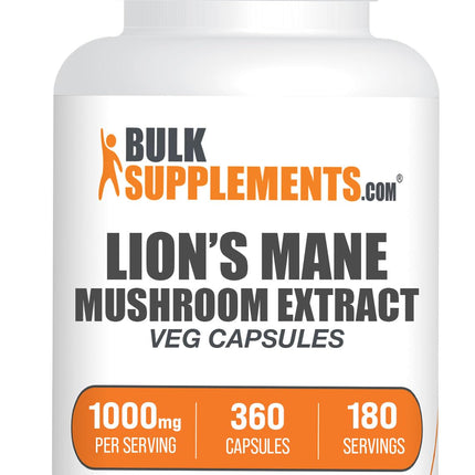 BulkSupplements.com Lion's Mane Mushroom Extract Capsules - Mushroom Supplement, Brain Supplement for Memory and Focus Support - Vegan, 2 Capsules per Serving (1000mg), 360 Capsules (Pack of 1)