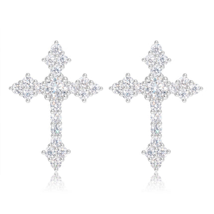 Moissanite Cross Earrings for Men Women, 0.5 Carats 18k Gold Plated Sterling Silver Cross Stud Eearrings D Color VVSI Moissanite Stud Earrings Crucifix Jewelry (Silver)