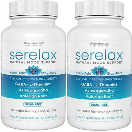 Serelax - Stress Relief Supplement - Supports Mood & Mental Focus - Feel Calm and Relaxed - Eases Tension & Nervousness - Ashwagandha, GABA, Valerian & L-Theanine - 60 Capsules (Pack of 2)