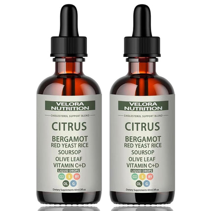 velora Red Yeast Rice Cholesterol Cleans Drops with Citrus, Bergamot, Red Yeast Rice, Soursop, Olive Leaf, Vitamin C+D, Natural, Non-GMO, Vegan 2 fl oz (2pcs)