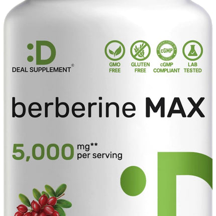 DEAL SUPPLEMENT Berberine Max Supplement with Turmeric, 5,000mg Per Serving, 240 Veggie Capsules – 97% Pure Berberine HCl – 20:1 Turmeric Root Extract – Vegetarian Friendly, Non-GMO