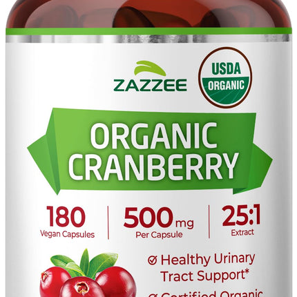 Zazzee USDA Organic Cranberry 25:1 Extract, 500 mg per Capsule, 180 Vegan Capsules, 6 Month Supply, Certified Kosher, Vaccinium Macrocarpon, Urinary Tract & Bladder Support, Non-GMO, Made in the USA