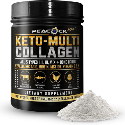 Peacock Max Keto Multi Collagen Peptides 16.2 oz - Bone Broth Protein Powder, with 5 Types Hydrolyzed Collagen, MCT Oil & Biotin for Skin, Joints, Hair & Nails, Unflavored Collagen Powder