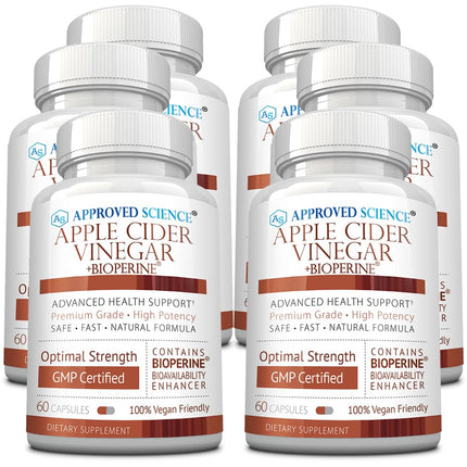 Approved Science Apple Cider Vinegar Capsules with 'The Mother' and BioPerine – 1600mg ACV Supplement – Non-GMO, Vegan, 60 Capsules (Pack of 6)