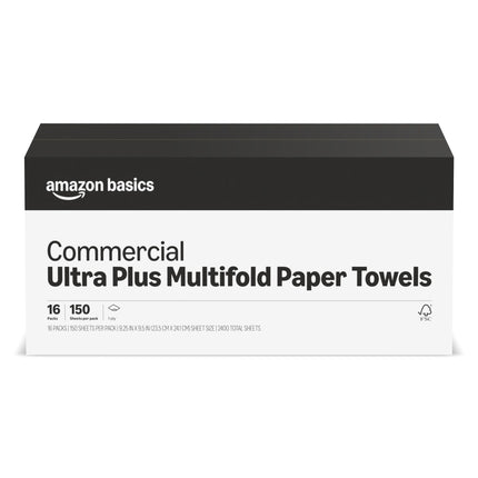 Amazon Basics FSC Certified Ultra Plus Universal Multifold Paper Towels, 2400 Count, 16 Pack of 150, White (Previouly AmazonCommercial)