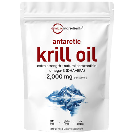 Micro Ingredients Antarctic Krill Oil Supplement, 2,000mg Per Serving, 240 Softgels, Triple Strength, Rich in Omega-3s EPA, DHA & Natural Astaxanthin, Supports Immune System & Brain Health