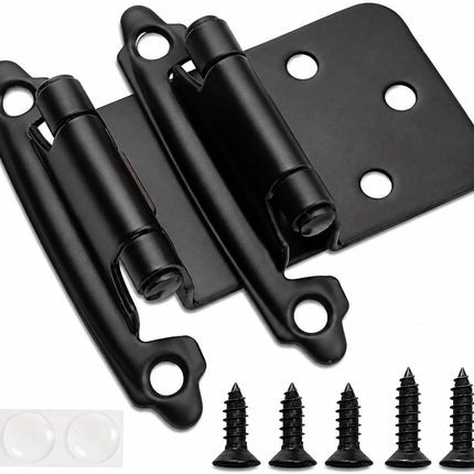 Decobasics 1/2" Overlay Matte Black Cabinet Hinges 50 Pack (25 Pair) Self Closing Bath & Kitchen Cabinet Hinges Black Flush Mount w/Door Bumpers & Upgraded Screws